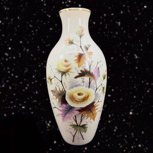 Antique Art Glass Vase Hand‎ Painted Raised Hand Painted Flowers Vintage Vessel